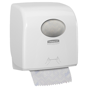 A white and black Scott® Control slimfold towel dispenser on a white background.