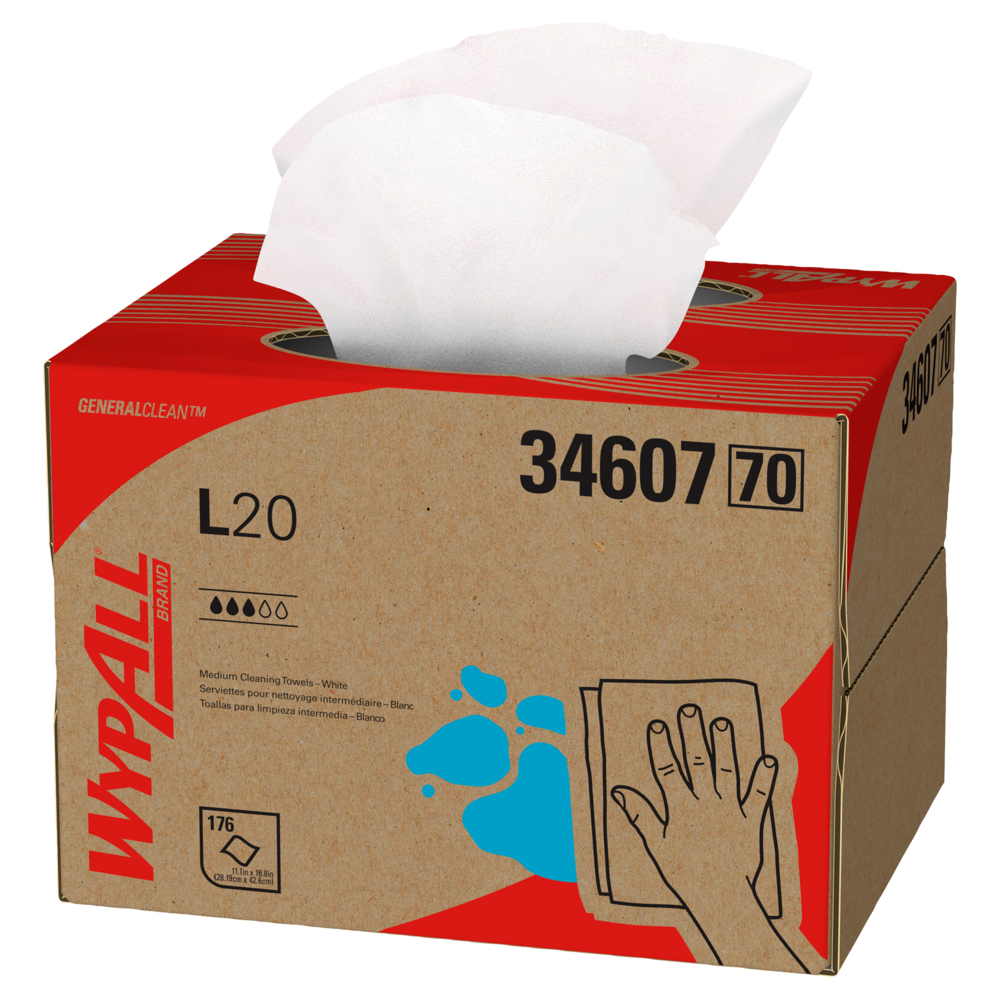 Chiffons de nettoyage moyen WypAll® L20 General Clean (34607), boîte BRAG, blancs, pliés en quatre, 1 boîte de 176 lingettes - 34607