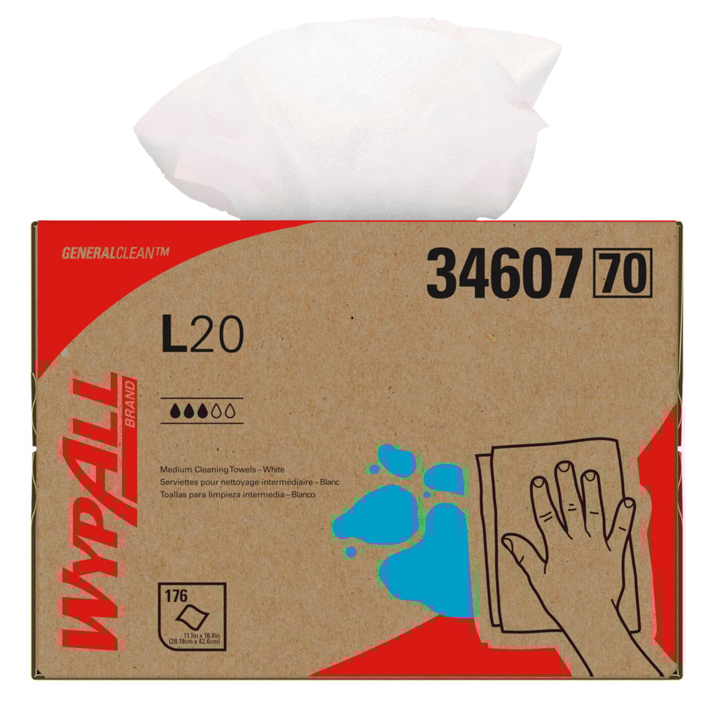 Chiffons de nettoyage moyen WypAll® L20 General Clean (34607), boîte BRAG, blancs, pliés en quatre, 1 boîte de 176 lingettes - 34607