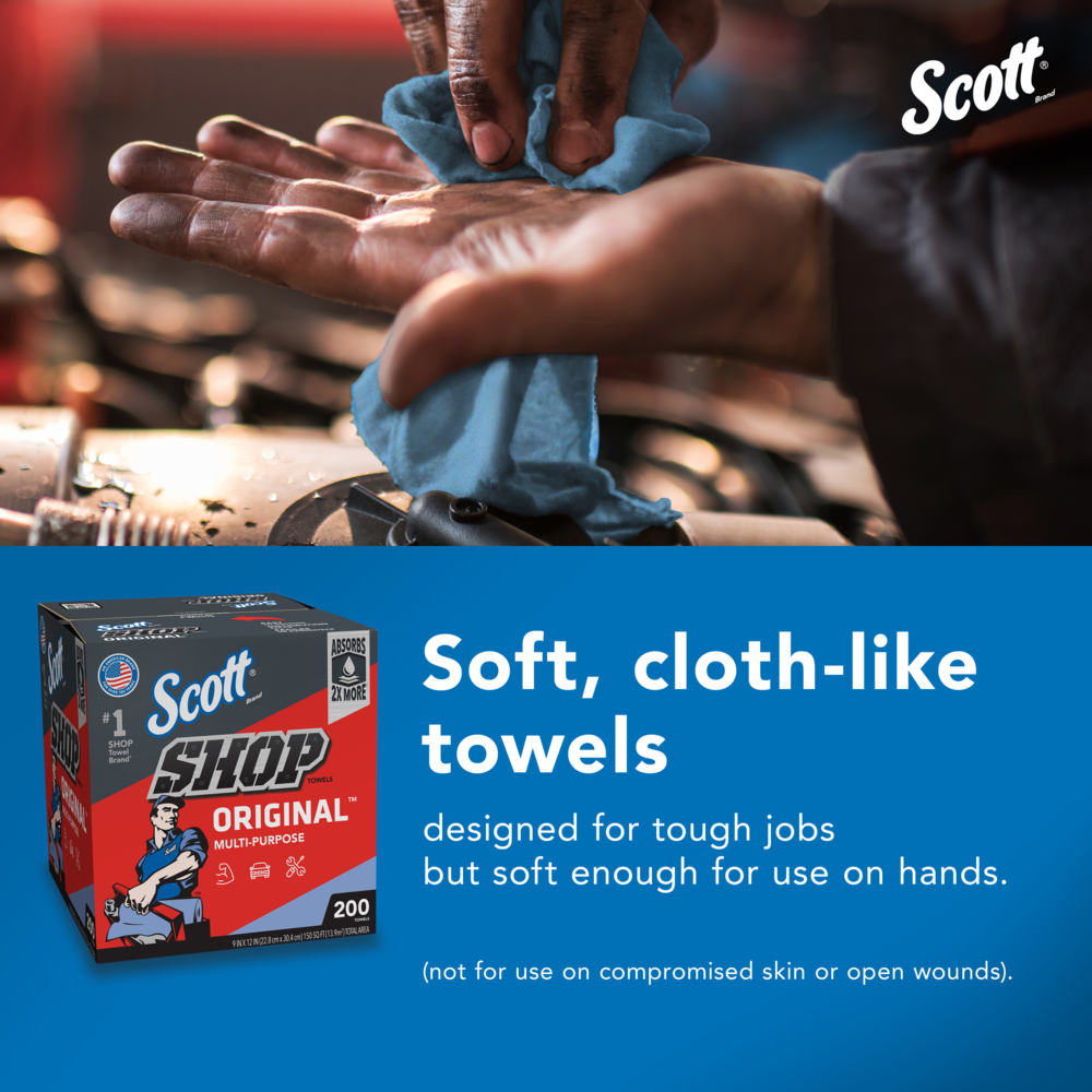 Scott® Shop Towels Original™ (75190), Original Blue Shop Towels, 9"x12" sheets, Pop-Up™ Box (200 Towels/Box, 8 Boxes/Case, 1,600 Towels/Case) - 75190