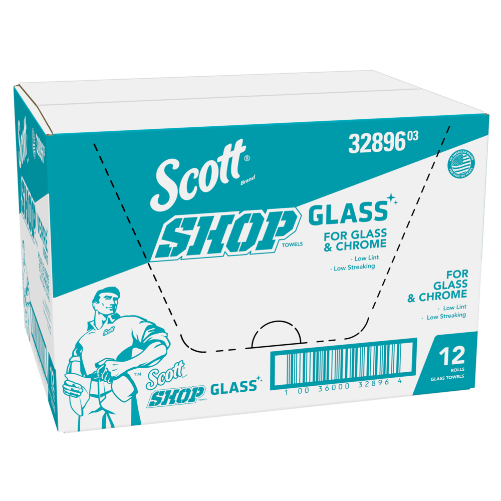 Chiffons d’atelier Scott® Glass™ (32896), chiffons d’atelier bleus pour le verre, les miroirs et le chrome, feuilles de 21,8 cm x 28 cm (8,6 po x 11 po) (90 chiffons/rouleau, 12 rouleaux/caisse, 1 080 chiffons/caisse) - 32896