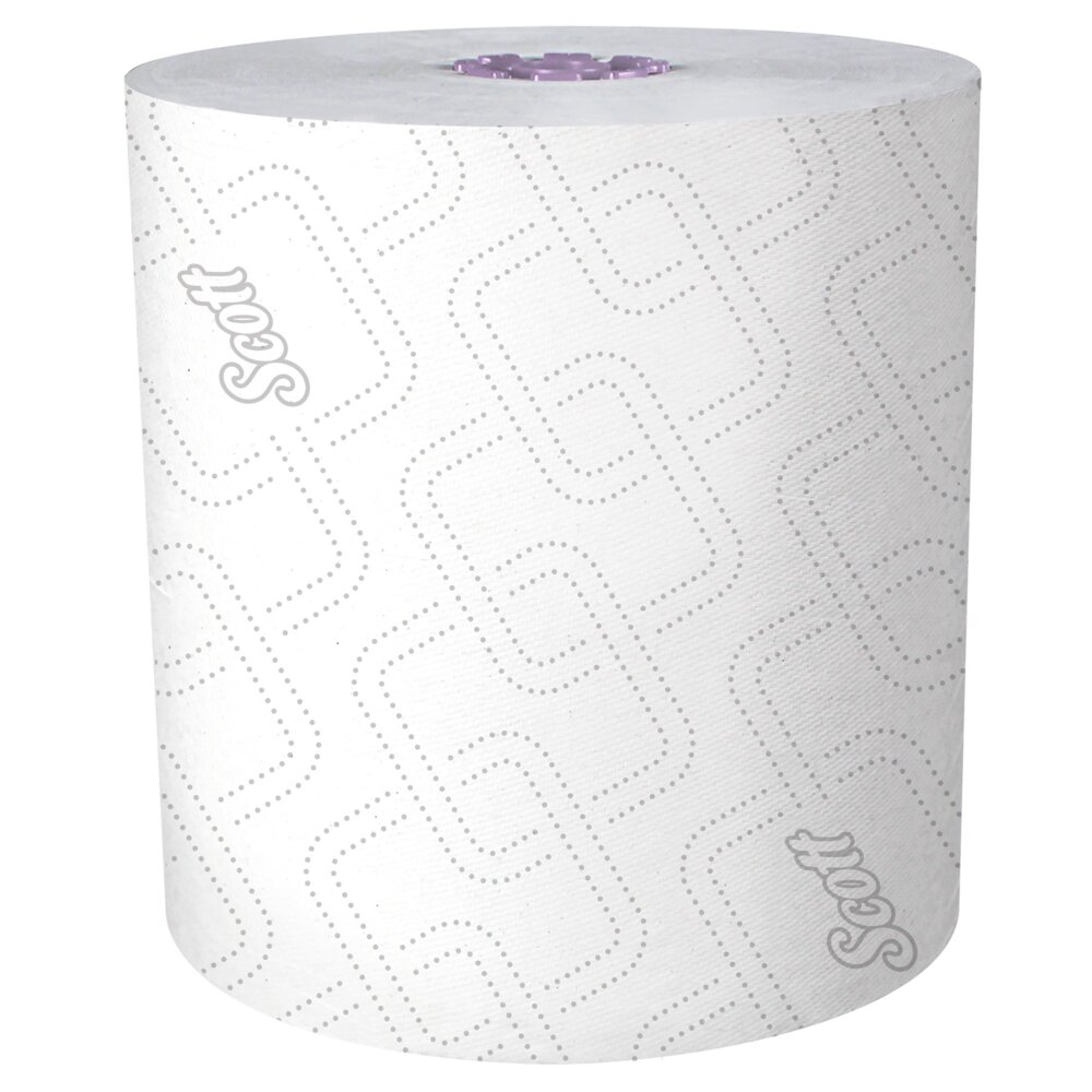 Essuie-mains en rouleau grande capacité Scott® Essential (02001), avec design rehaussé et technologie Absorbency Pockets™ pour les distributrices avec mandrin violet, blancs, non perforés (950 pi/rouleau, 6 rouleaux/caisse, 5 700 pi/caisse) - 02001