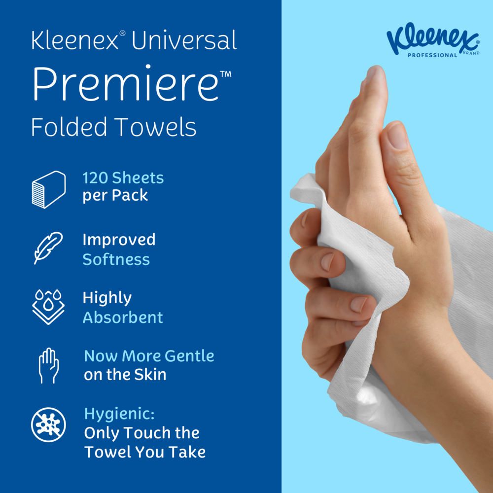 Kleenex® Premiere Folded Towels (13253), with Fast-Drying Absorbency Pockets™, Trifold Towels, White, (25 Packs/Case, 120 Sheets/Pack, 3,000 Packs/Case) - 13253