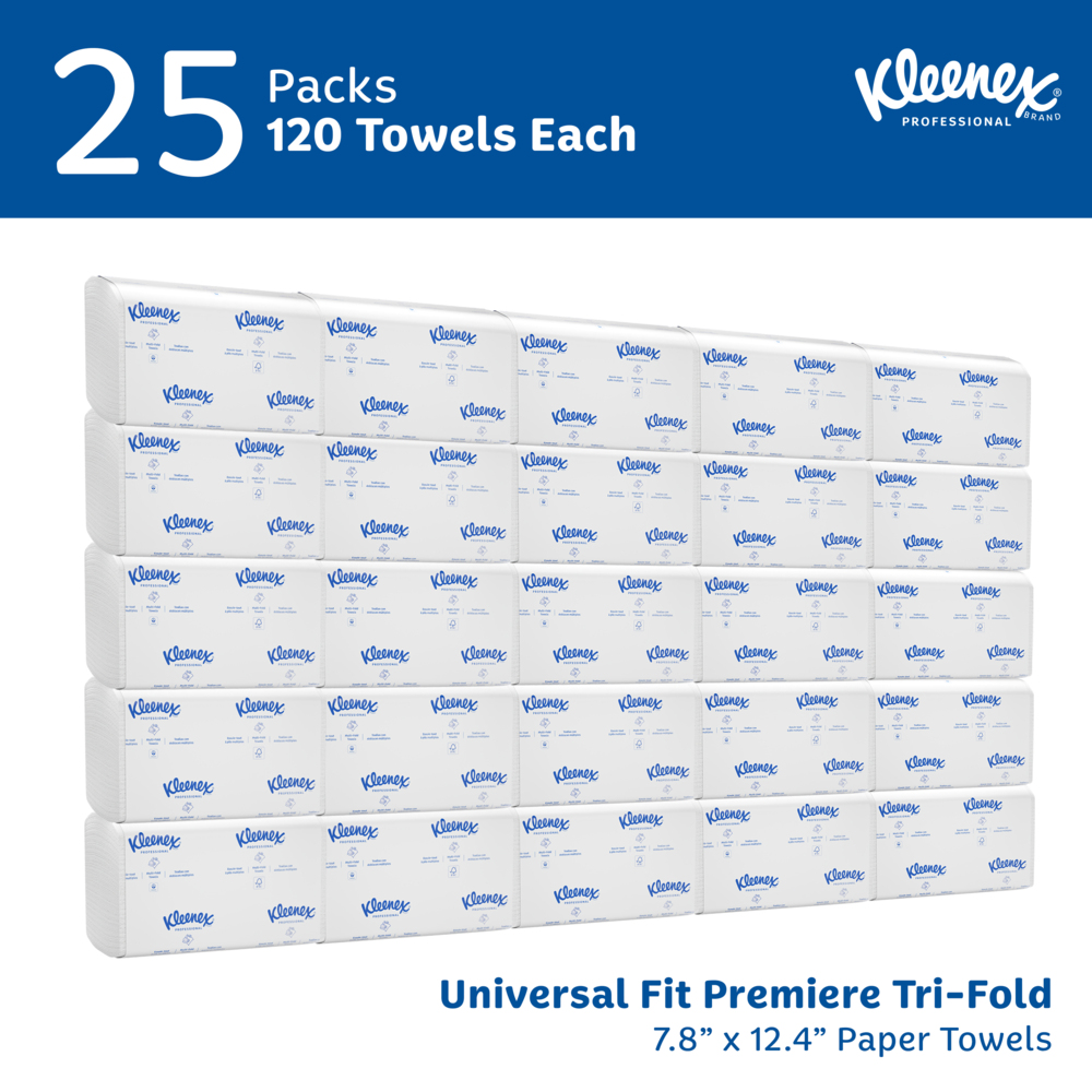 Kleenex® Premiere Folded Towels (13253), with Fast-Drying Absorbency Pockets™, Trifold Towels, White, (25 Packs/Case, 120 Sheets/Pack, 3,000 Packs/Case) - 13253