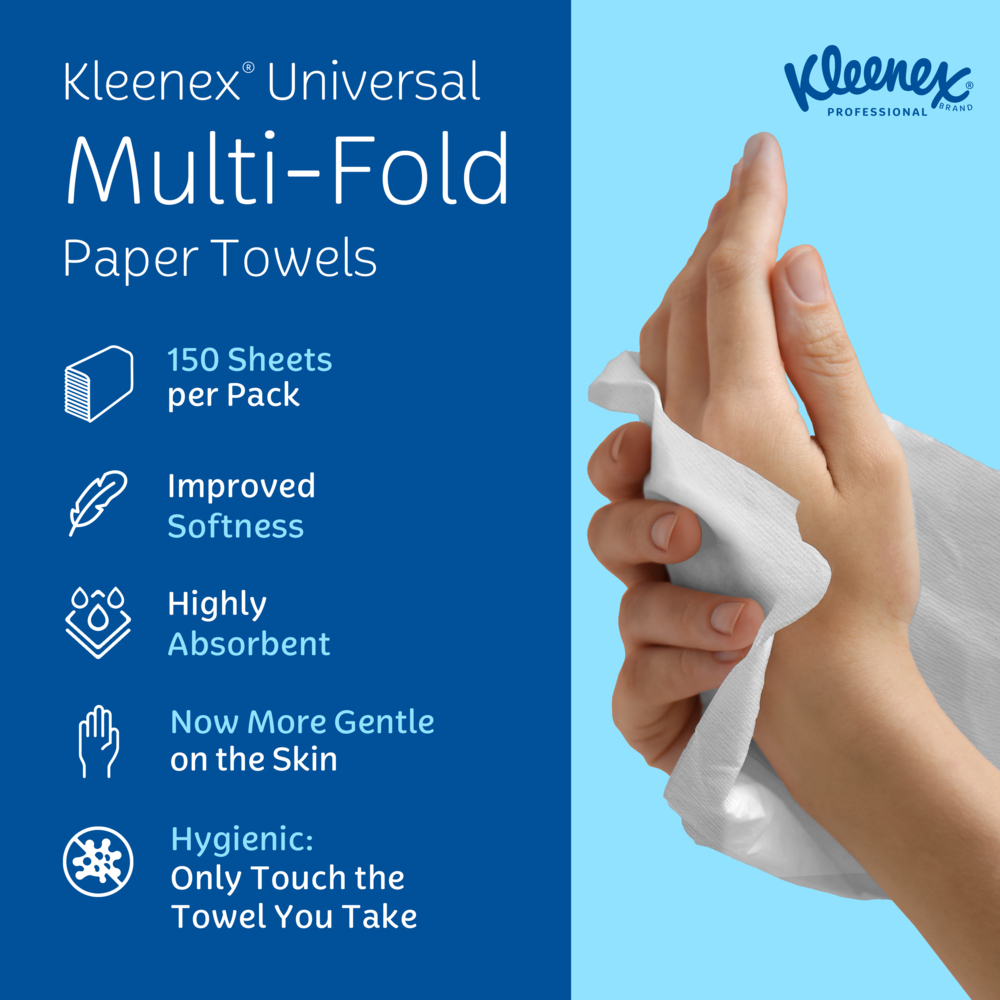 Kleenex® Multifold Paper Towels (01890), 1-Ply, 9.2" x 9.4" sheets, White, (150 Sheets/Pack, 16 Packs/Case, 2400 Sheets/Case) - 01890